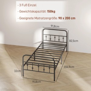 Schwarzer Metall Bettrahmen von HOMCOM, Einzelbett, Lattenrost inklusive, Maße: 206,9x91,8x82,5cm.