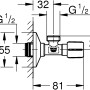 Technische Zeichnung: Grohe Eckventil 1/2 x 1/2 Chrom, Waschgeräte-Ventil mit Maßen.
