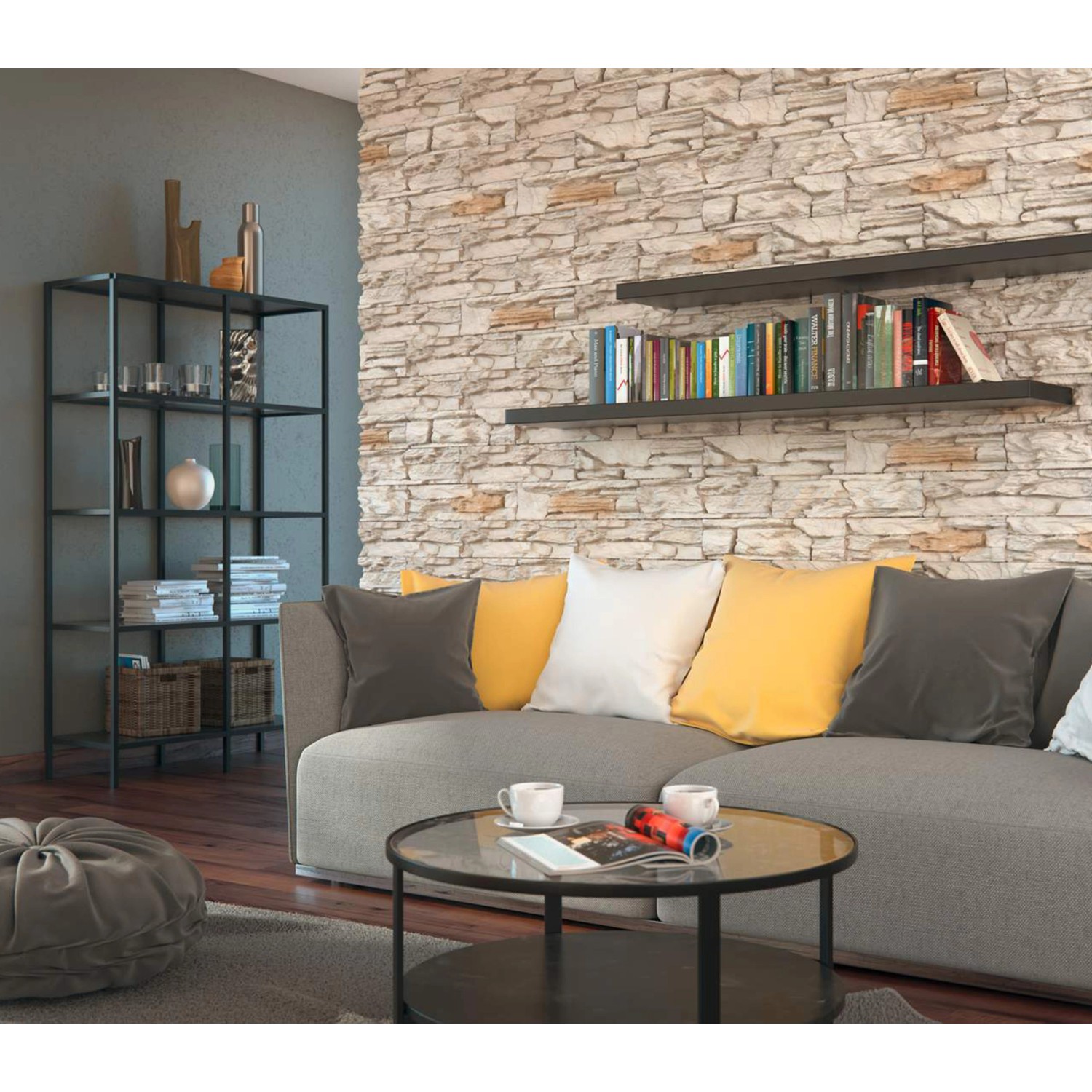 Wohnzimmer mit Stegu Verblender Karakum 1 Creme Gips Wandverkleidung in Steinoptik.