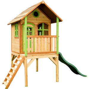 Spielhaus Laura aus Holz mit Leiter und Rutsche für Kinder zum Spielen im Garten.