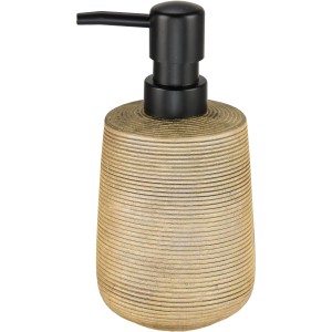 Kleine Wolke Seifenspender Auro, goldfarben mit schwarzem Pumpkopf, gerillte Oberfläche.