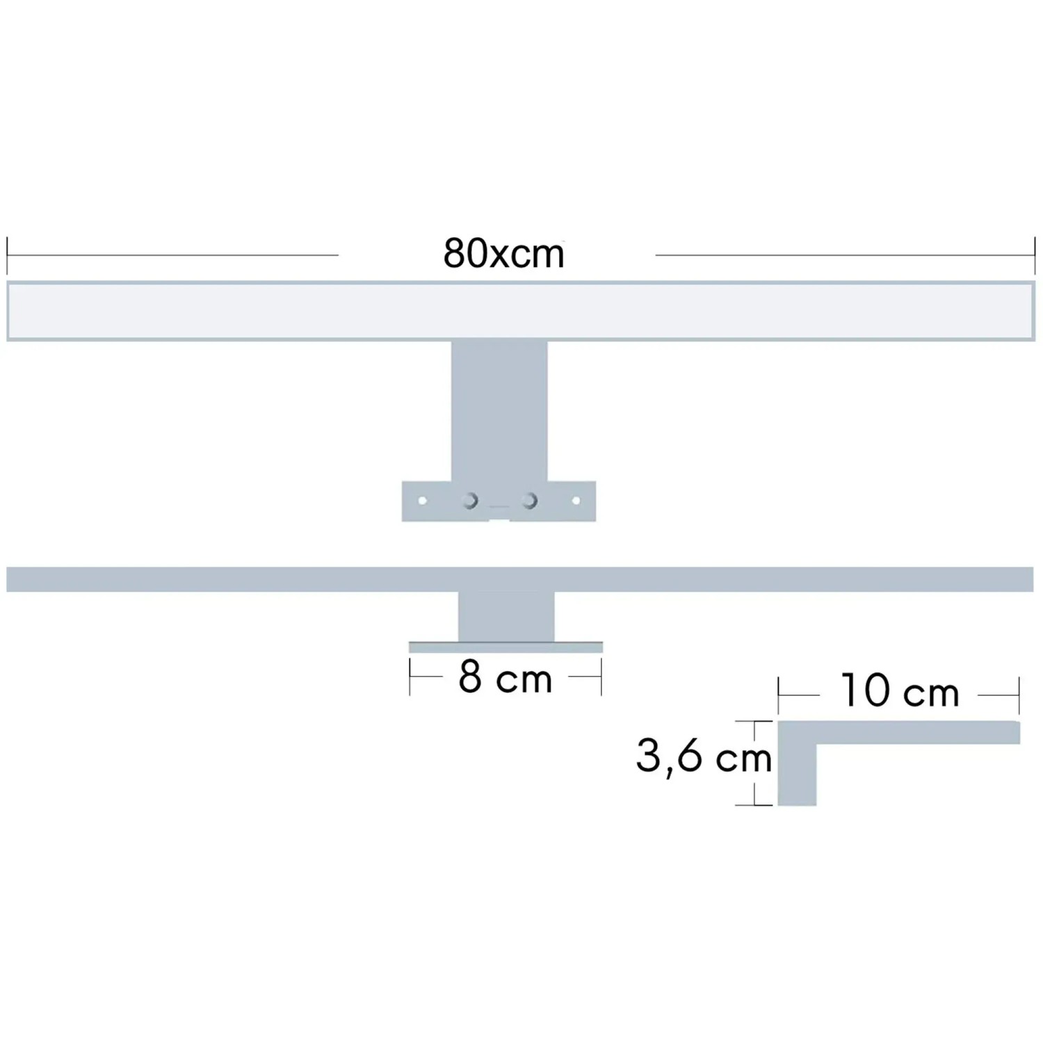 Technische Zeichnung der 80cm LED Badleuchte in Chromoptik mit Maßangaben für die Montage.