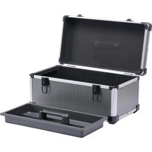 Offener LUX Aluminium Werkzeugkoffer in Silber/Schwarz mit Werkzeugablage.