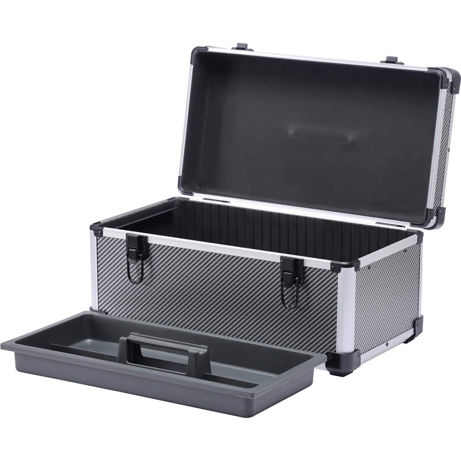 Offener LUX Aluminium Werkzeugkoffer in Silber/Schwarz mit Werkzeugablage.
