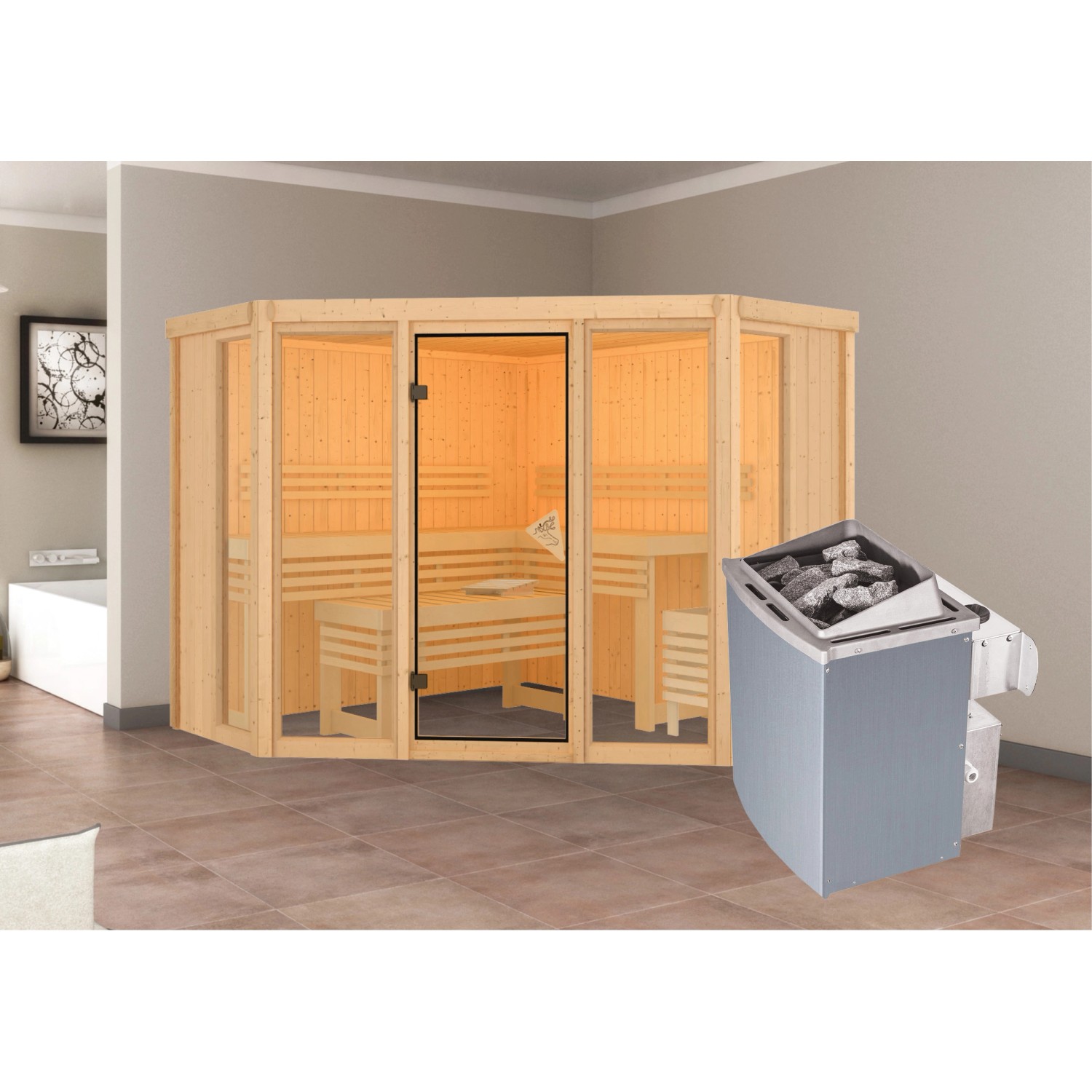 Karibu Sauna Alcinda 2 mit Ofen intergrierte Stg.Natur