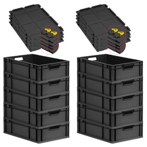 PROREGAL SuperSparSet: 10 schwarze Euroboxen mit Deckel und gelben Verschlüssen, 34 Liter.