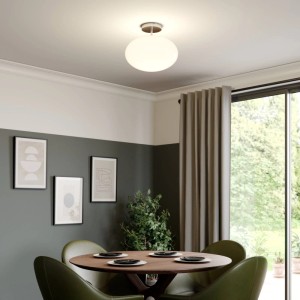 Lindby Deckenlampe Sonika, alufarbene Wohnzimmerleuchte mit rundem, opalweißem Glasschirm.