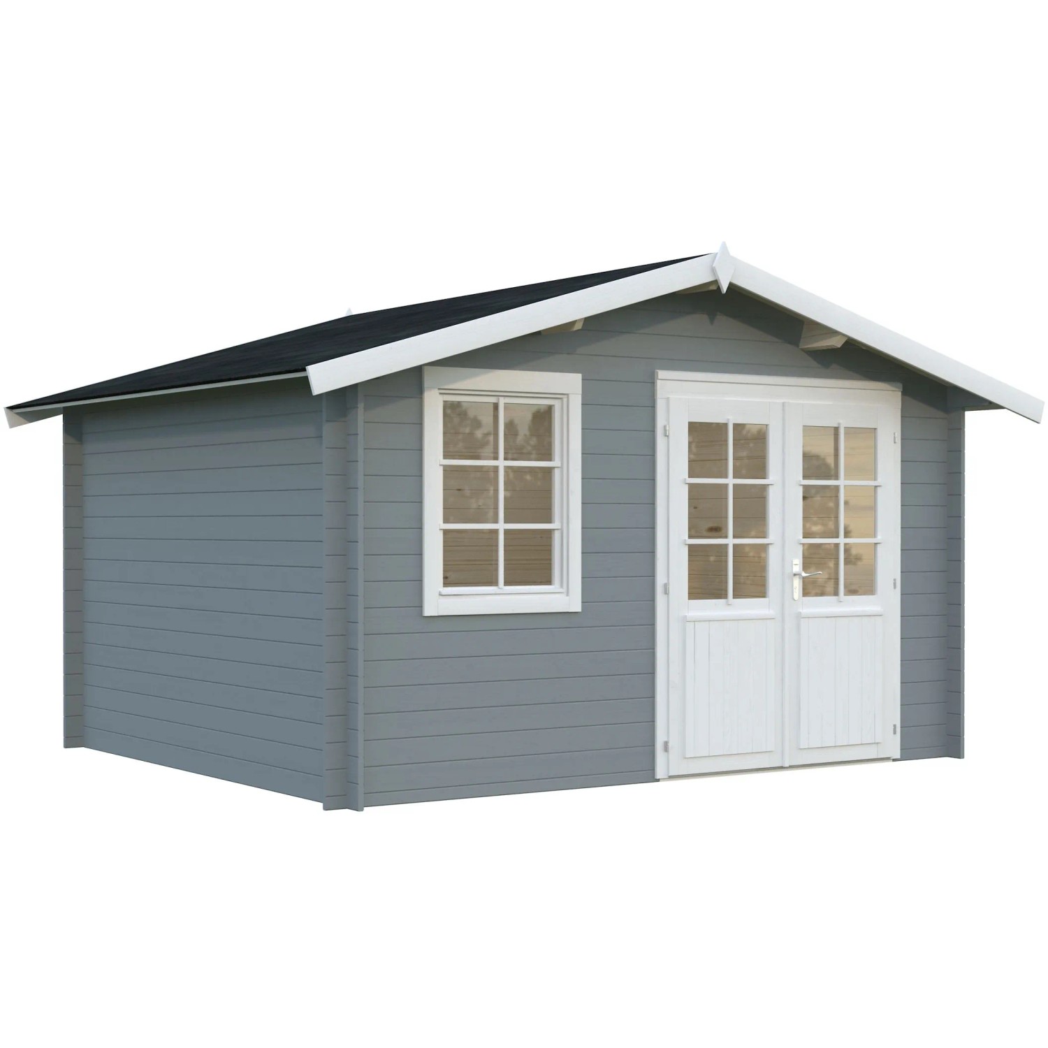 Palmako Gartenhaus Klara, 360x300 cm, grau-weiß lackiert, mit Fenster und Doppeltür.