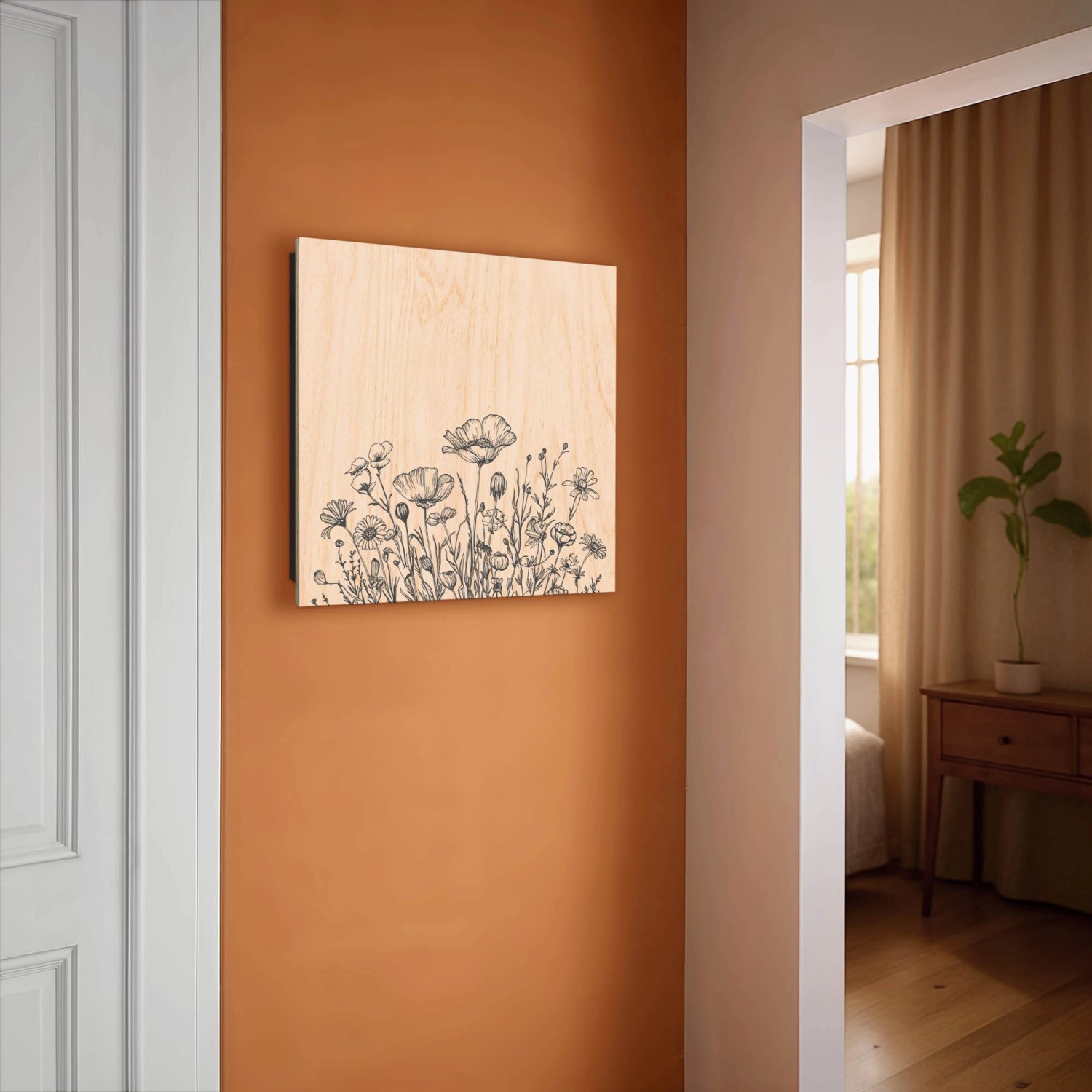 Banjado Schlüsselkasten aus Holz, 30x30cm, mit Blumenzeichnung in Schwarz-Weiß und 50 Haken zur Schlüsselaufbewahrung.