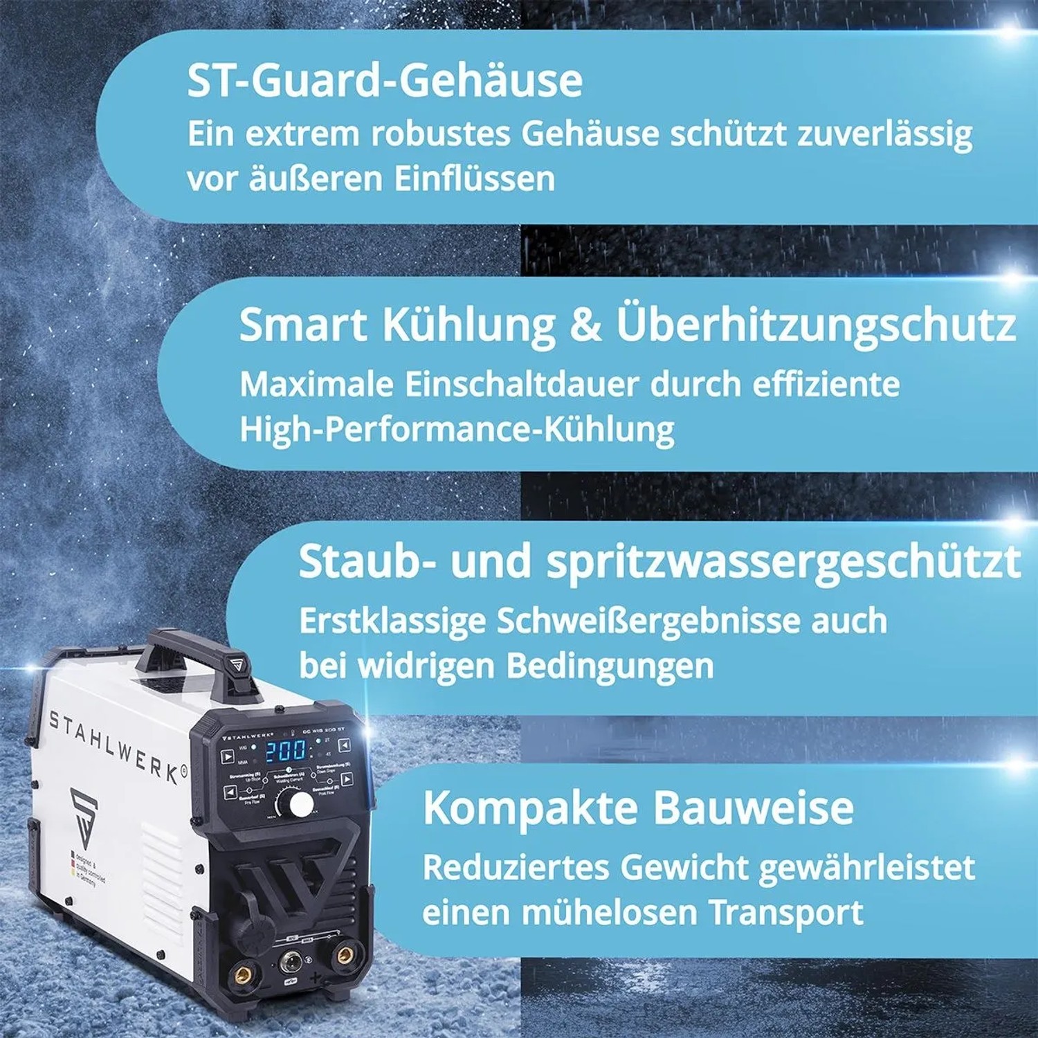 STAHLWERK Schweißgerät 200A, weiß-schwarz, kompakt, robust, staub- und spritzwassergeschützt.