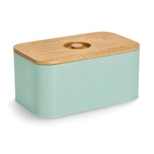 Mintfarbener Zeller Brotkasten aus Metall mit Bambusdeckel, 30x18x14 cm.