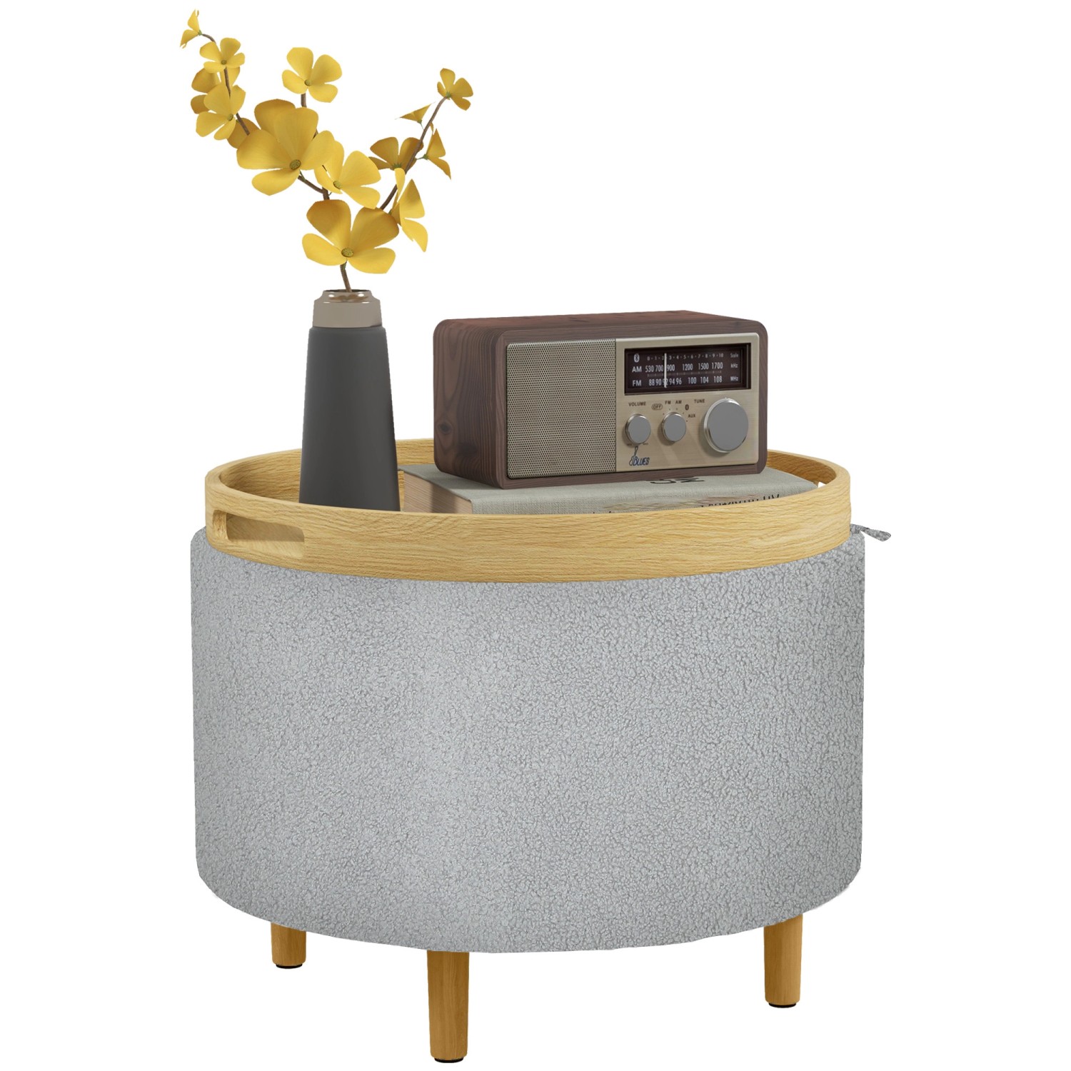 HOMCOM Sitzhocker Ottomane mit Stauraum Runder Polsterhocker Grau Ø56 x 42 cm