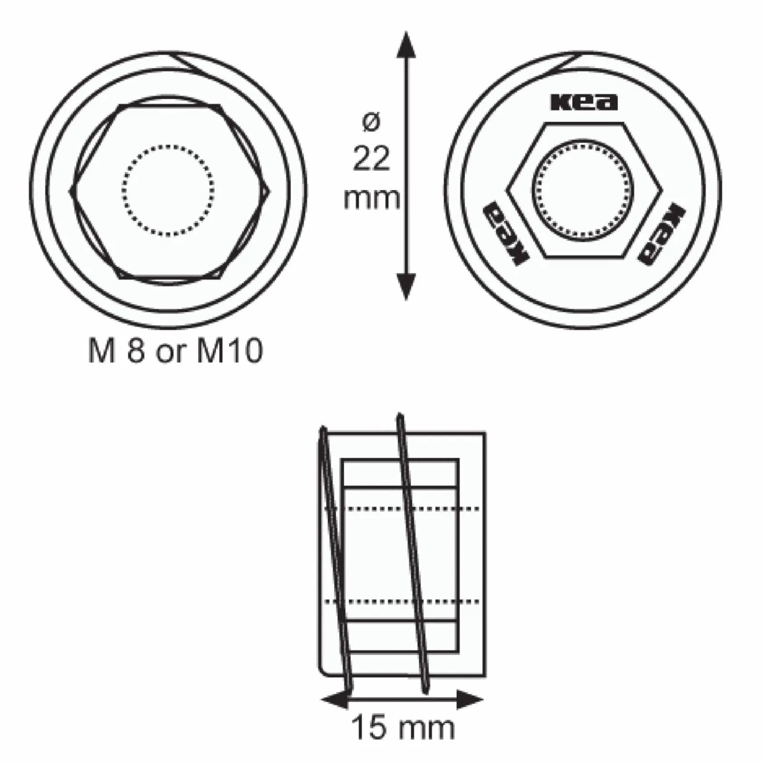 SOTECH KEA Tischbeinverbinder M8/M10, zylindrischer Möbelbeschlag. Maße: Ø 22mm, 15mm Höhe.