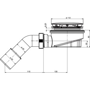 Technische Zeichnung Ablaufgarnitur Tasso SF60 für Duschwanne Ø 90 mm mit verchromter Abdeckung.