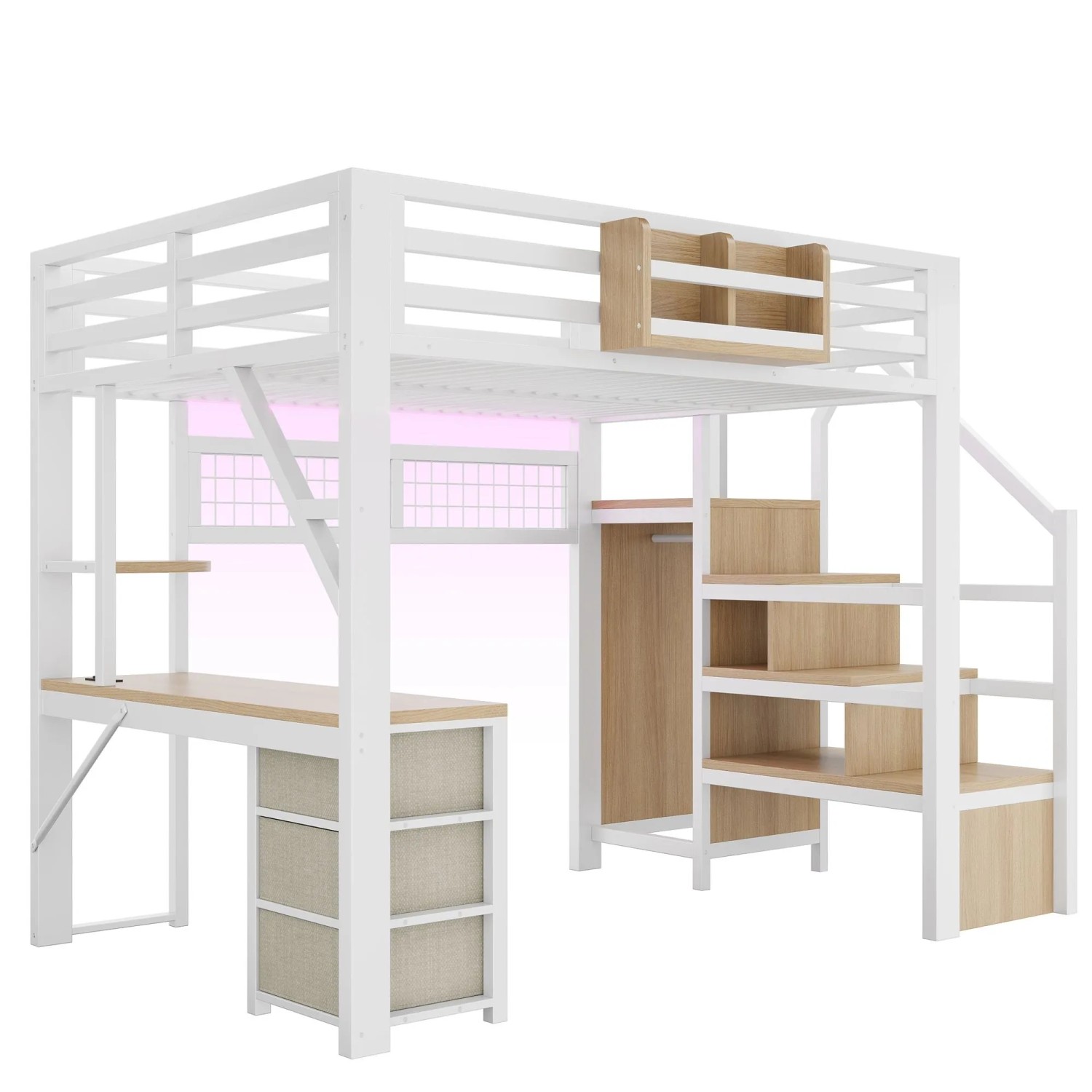 Merax Metall Hochbett 140x200 cm Mit Schreibtisch 3 Schubladen Staufächern Kleiderschrank LED Weiß