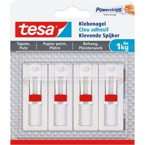 Tesa Klebenägel für Tapeten/Putz, verstellbar, 4er-Pack, je 1 kg Tragkraft.