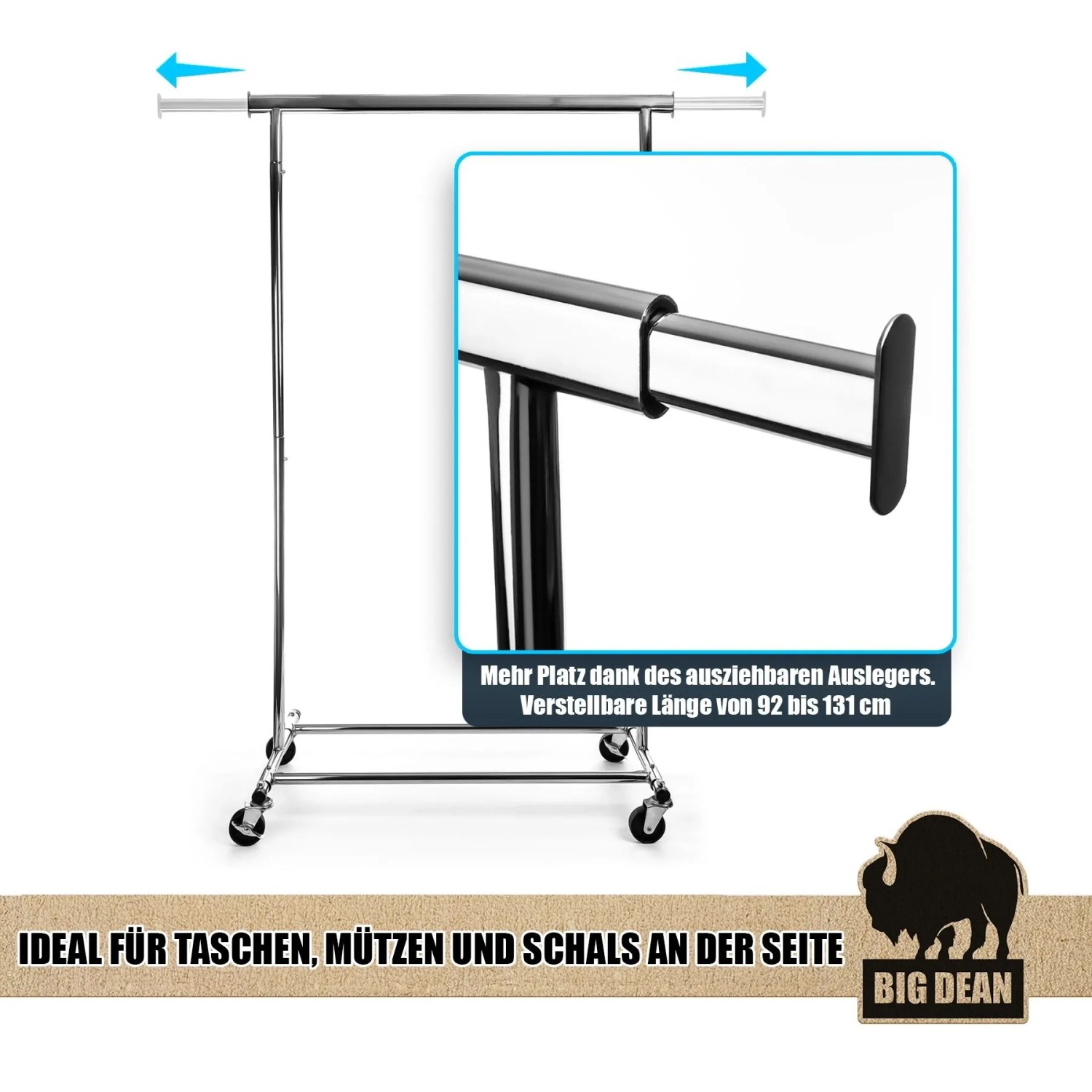 BigDean Kleiderständer auf Rollen, ausziehbare Stange, belastbar bis 90kg.