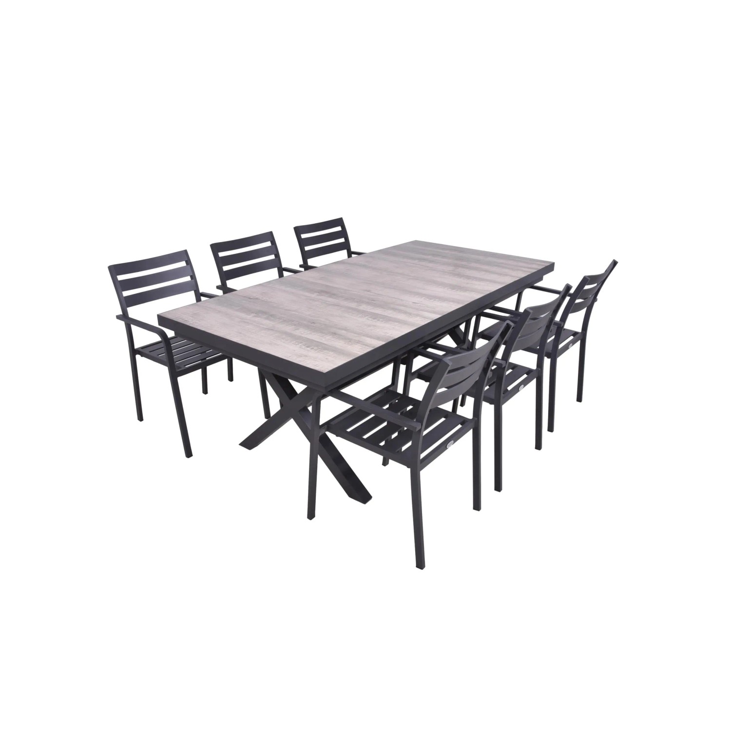 DELUKE Garten-Sitzgruppe JANA 7-tlg. Alu-Keramik Eiche-Optik Grau Gartenmöbel-Set Garten-Essgruppe Stapelstühle B Esstis...