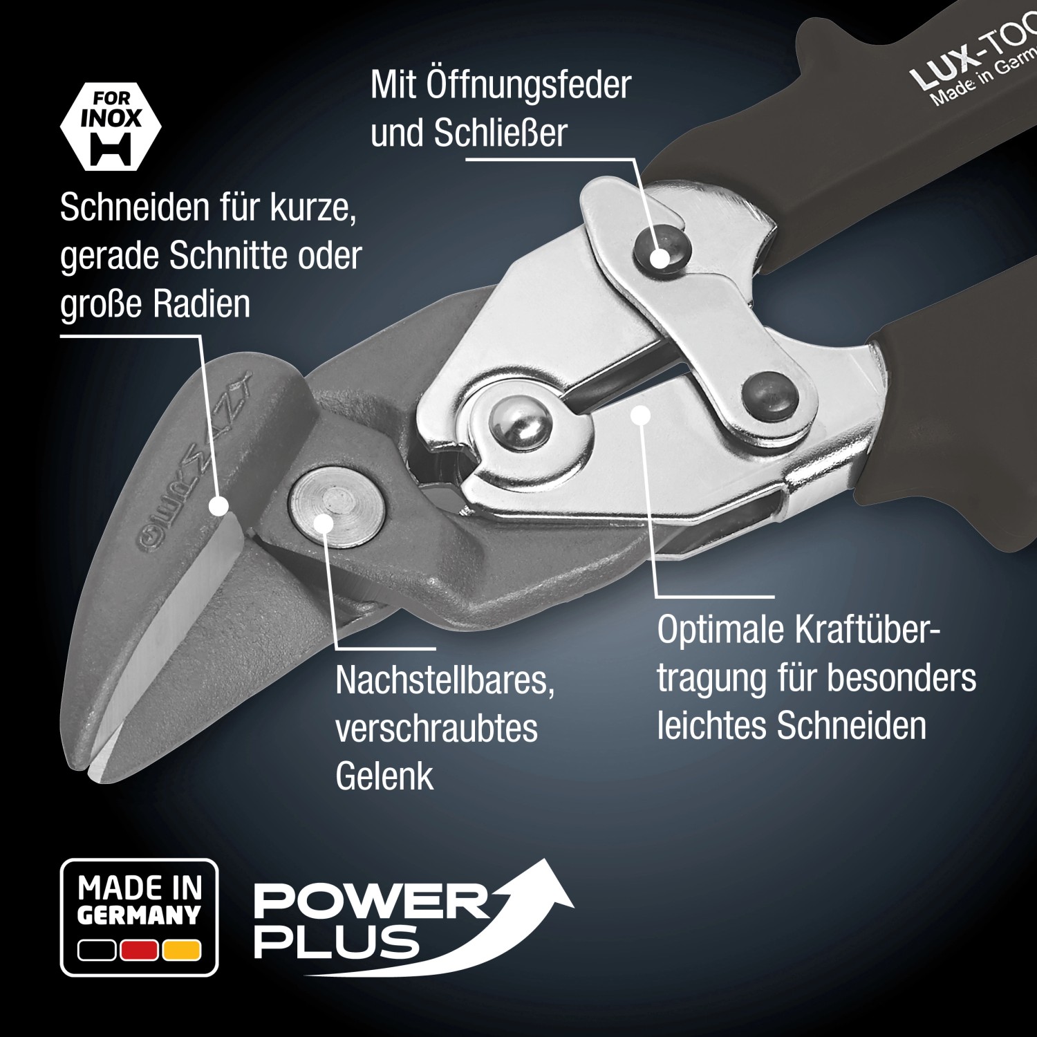LUX Blechschere 250 mm Detailaufnahme: Schneide, Gelenk und ergonomische Griffe.