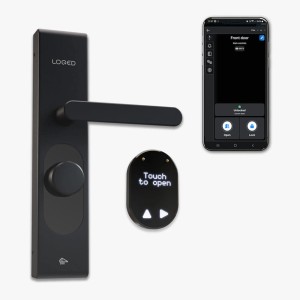 Shelly LOQED Smartes-Berührungsschloss in Schwarz mit Zubehör und Smartphone-App.