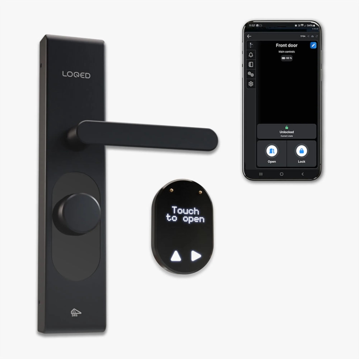 Shelly LOQED Smartes-Berührungsschloss in Schwarz mit Zubehör und Smartphone-App.