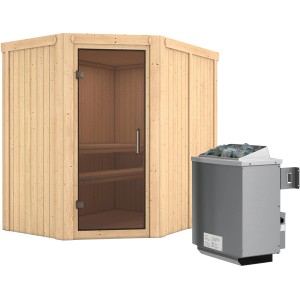 Karibu Sauna-Set Cleo mit Ofen (9 kW): Elementsauna aus Fichte mit Glastür und zwei Liegen.