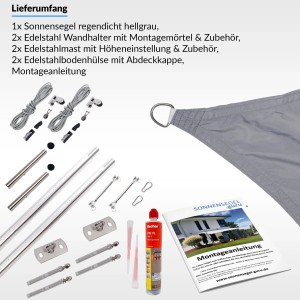 Toldoro Sonnensegel Komplettset, hellgrau, mit Befestigungsmaterial, Masten und Montageanleitung.