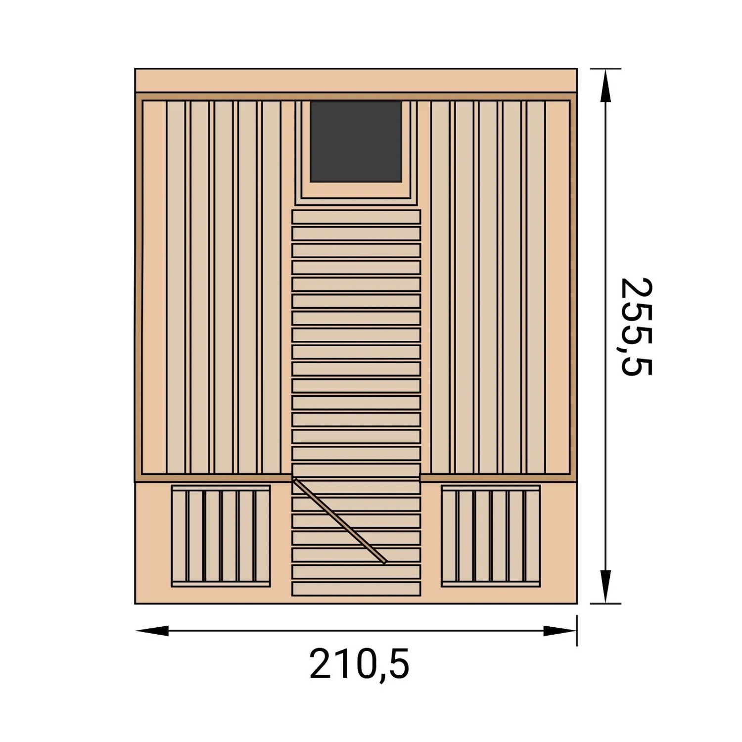 Skizze der Weka Fasssauna 198 Sparset mit Maßen 210,5 x 255,5 cm.