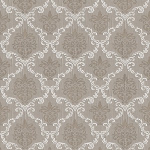 Beige-graue Barock Tapete mit Textil-Ornament für Wohn- und Esszimmer.