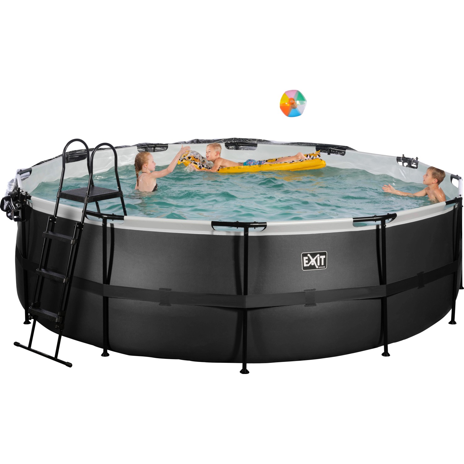 Schwarzer Exit Pool mit Leiter, Abdeckung und spielenden Kindern. Stahlrahmenpool ø 450 x 122 cm.