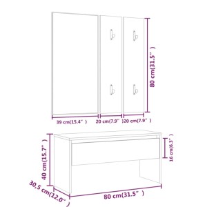 vidaXL Flurmöbel-Set in Hochglanz-Weiß mit Bank, Spiegel und Garderobe, Maße eingezeichnet.