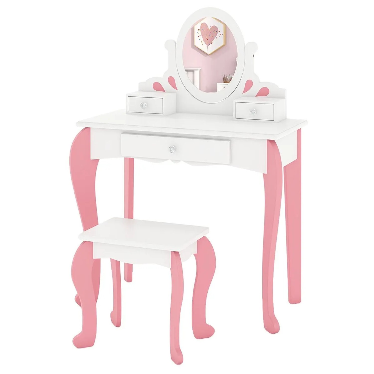 Costway Kinder Schminktisch mit 3 Schubladen & 360° Spiegel Weiß