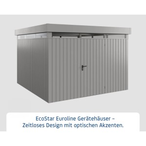 Graues EcoStar Gerätehaus Euroline mit Flachdach und Lichtband, 325x325 cm.