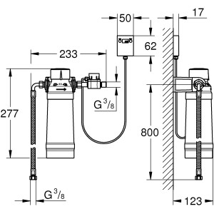 Grohe Red Filter mit Filterkopf, Schema mit Maßen für Filtersysteme.