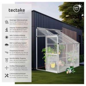 Tectake Anlehngewächshaus aus Aluminium mit Pflanzen, an Hauswand montiert.