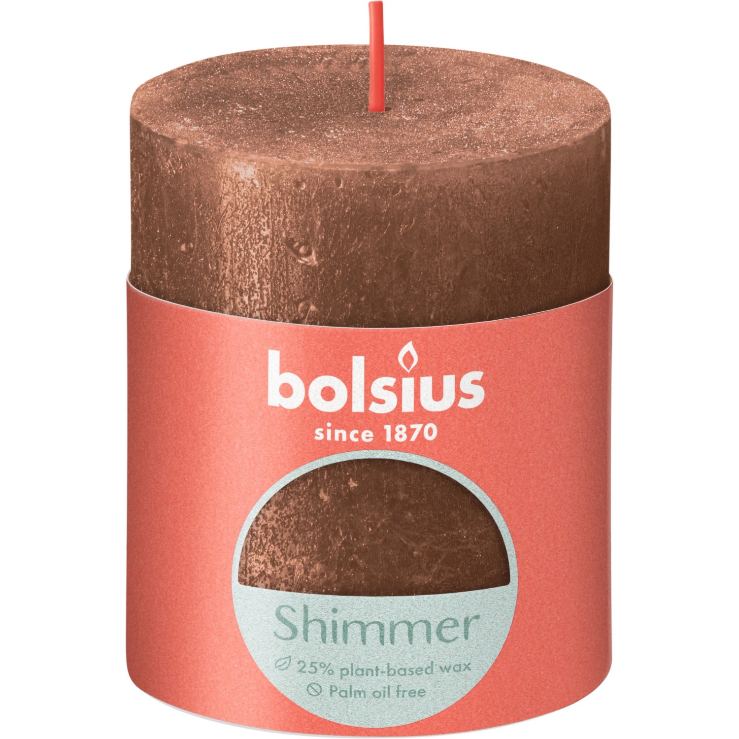 Bolsius Rustik-Kerze Shimmer in Kupfer, 80/68 mm. Stumpenkerze mit Metallic-Effekt.