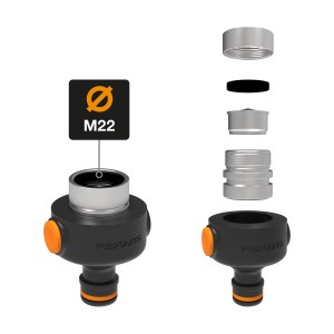Fiskars Hahnverbinder 2er-Set für Innenräume, schwarz-orange, mit M22/M24 Adapter.