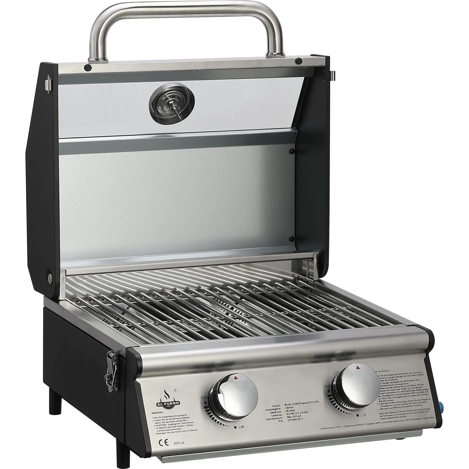 EL Fuego Gasgrill Jesolo, schwarz-silber, mit Edelstahlrost und Thermometer.