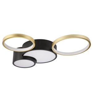 Moderne LED-Deckenleuchte Alizee in Schwarz-Gold mit runden Elementen, 60 cm Durchmesser.