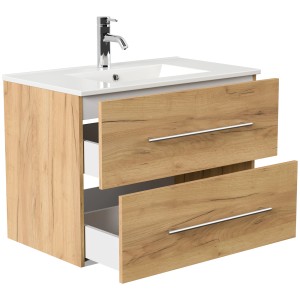 Posseik Badmöbel Homeline 80 in Eiche Gold mit Waschbecken und zwei offenen Schubladen.