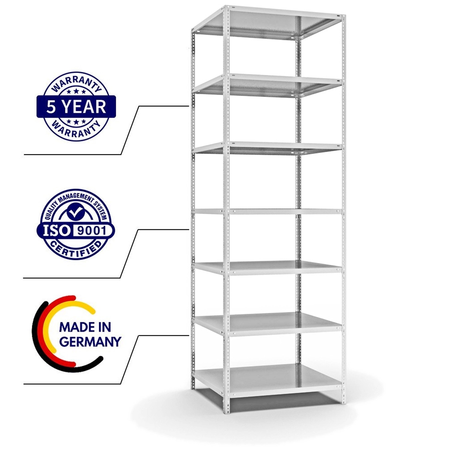 Lichtgraues PROREGAL Fachbodenregal mit 7 Ebenen, beidseitig nutzbar, Schraubsystem.