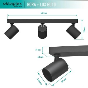 Schwarze, 3-flammige Oktaplex Bora LED Deckenleuchte mit schwenkbaren Spots und Dimmfunktion.