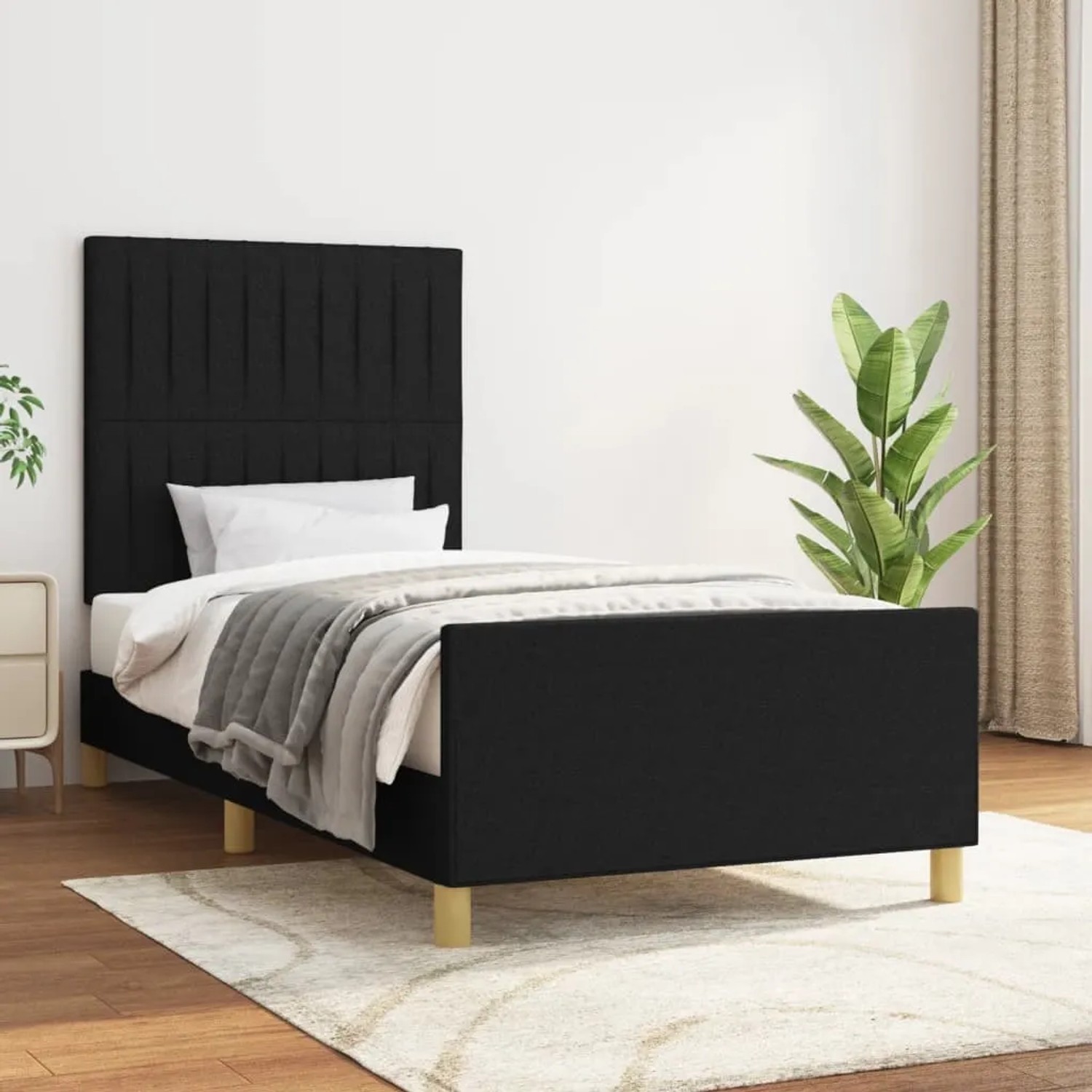 Schwarzes Stoff-Bettgestell (80x200 cm) mit hohem Kopfteil für Schlafzimmer.