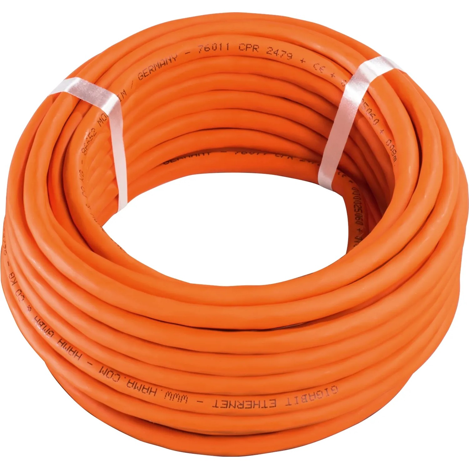 Aufgerolltes, oranges Hama Netzwerkkabel CAT-7, 10 Gbit/s, S/FTP geschirmt, 10m.