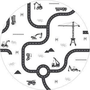 Runde, selbstklebende Tapete mit Fahrzeugen in Schwarz-Weiß, Durchmesser 70 cm.