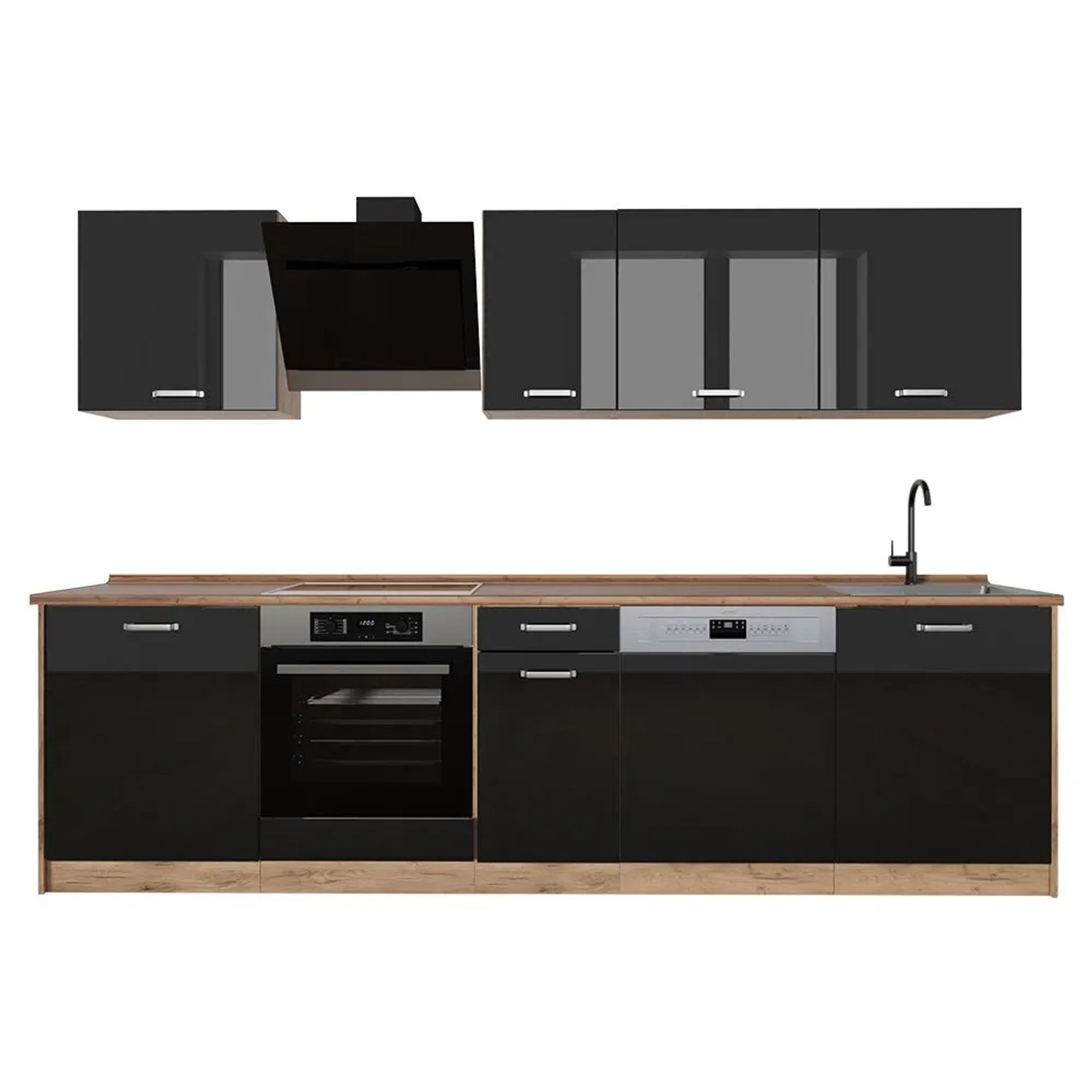 Vicco Küchenzeile R-Line Schwarz Hochglanz/Goldkraft Eiche 280 x 207 ohne Arbeitsplatte Art Nr 66401