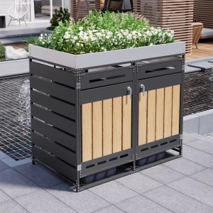 Mülltonnenbox mit Pflanzkasten und Holzmaserung, 2er-Set für Ordnung im Garten.