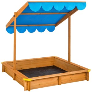 Blauer Tectake Sandkasten Emilia aus Holz mit Dach und Sitzrand, 120x120x120 cm.