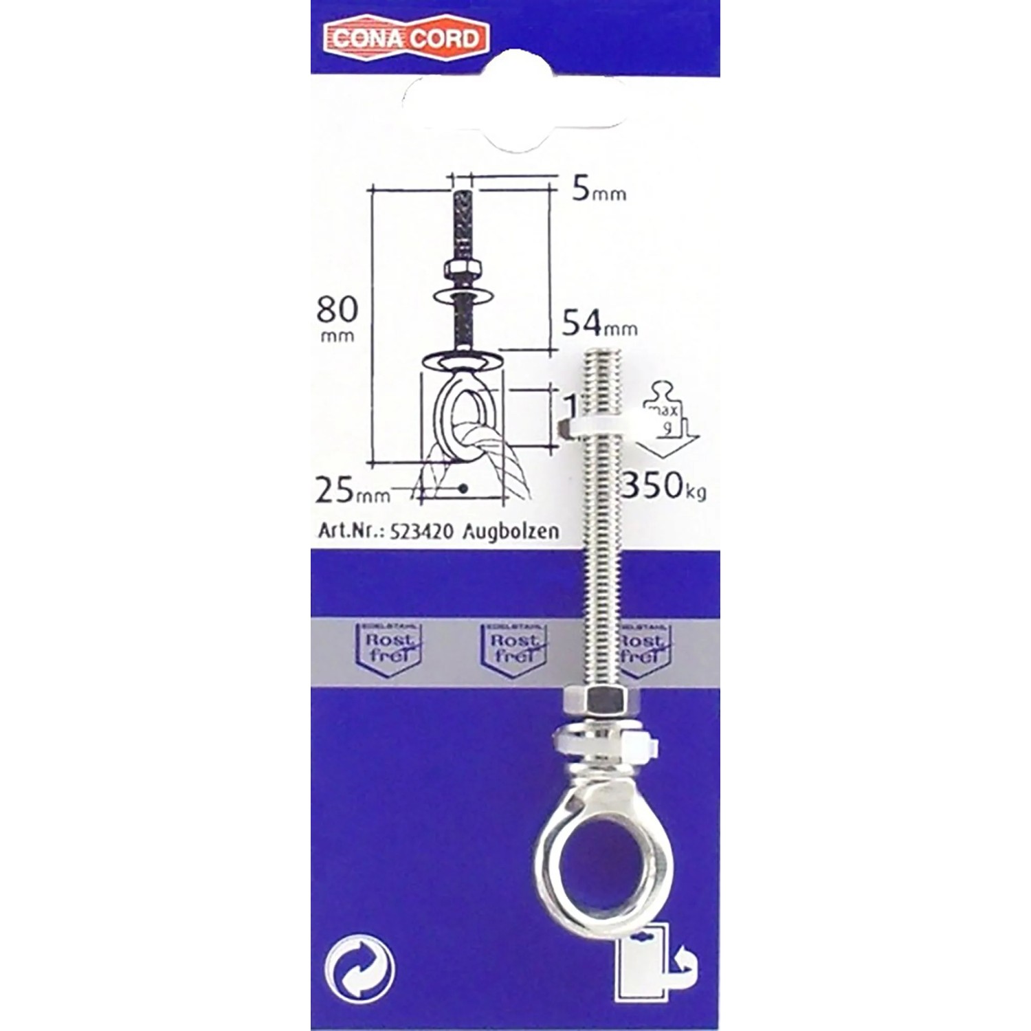Conacord Augbolzen, V4A-Stahl, rostfrei, Durchmesser 6 mm, Länge 85 mm, mit Ringöse und Gewinde.