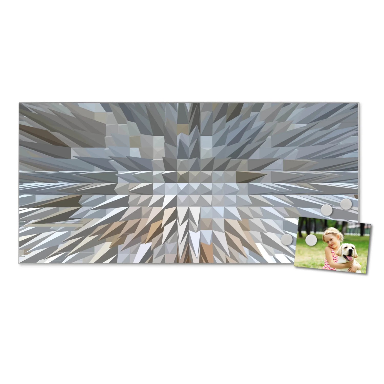Silberne Magnettafel 78x37cm mit Dornen-Motiv und Magneten als Wanddekoration.